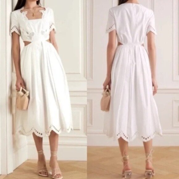 Self-Portrait White Broderie Scallop Midi Dress Cottagecore Prairie Side Sz 6 - Picture 10 of 10